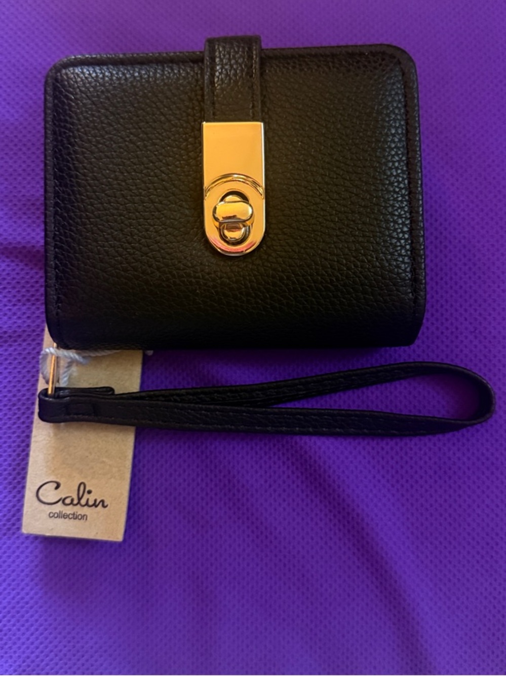 Black Pebbled Leather Wristlet Wallet with Gold Hardware